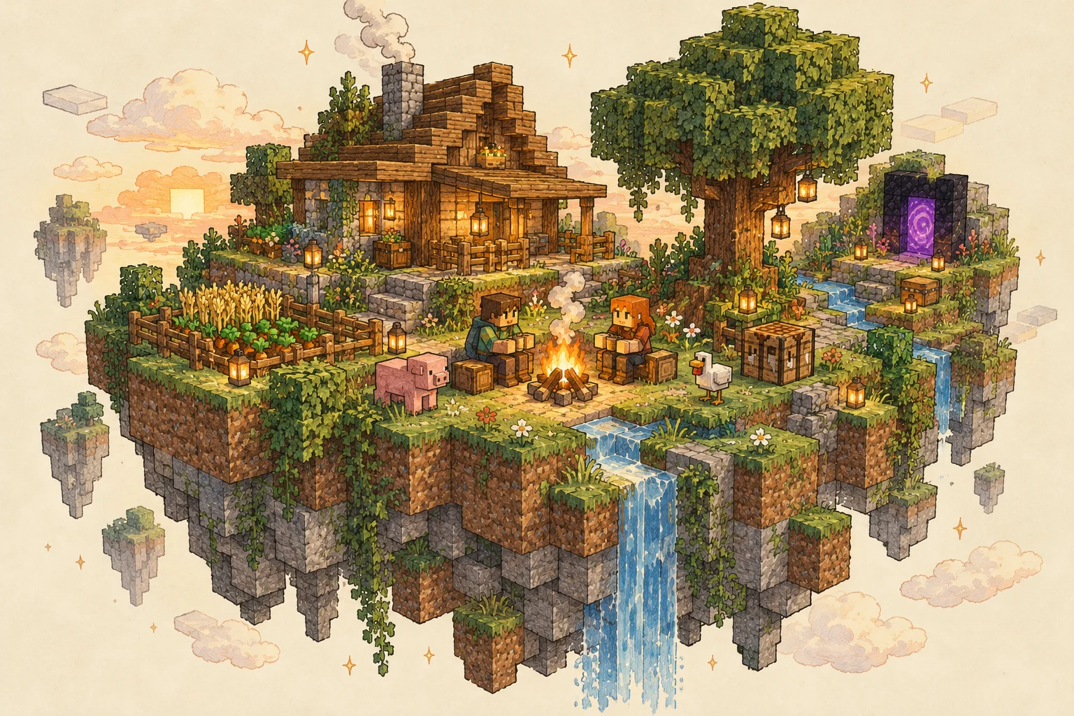 Une île Minecraft dessinée à la main, avec une maison, un jardin et des coupaings autour d’un feu.